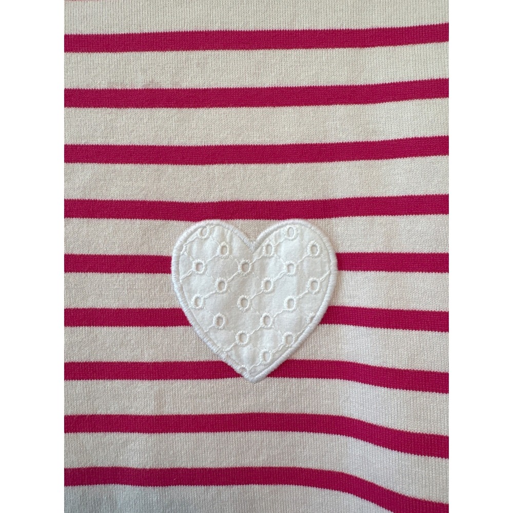 Talbots Pink Cream Striped‎ Mock Neck Valentine's Top Heart Patch Eyelet Trim LP - Picture 2 of 12